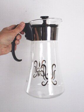 Vintage Pyrex Coffee Carafe Pot Glass Mid Century Modern Gold Fleur De Lis